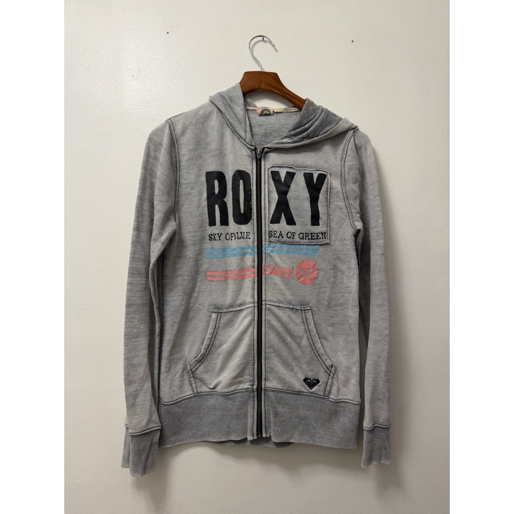 Y2K Roxy Zip Up Sweatshirt Hoodie Medium Gray Spellout Logo Hood Sea Of Green